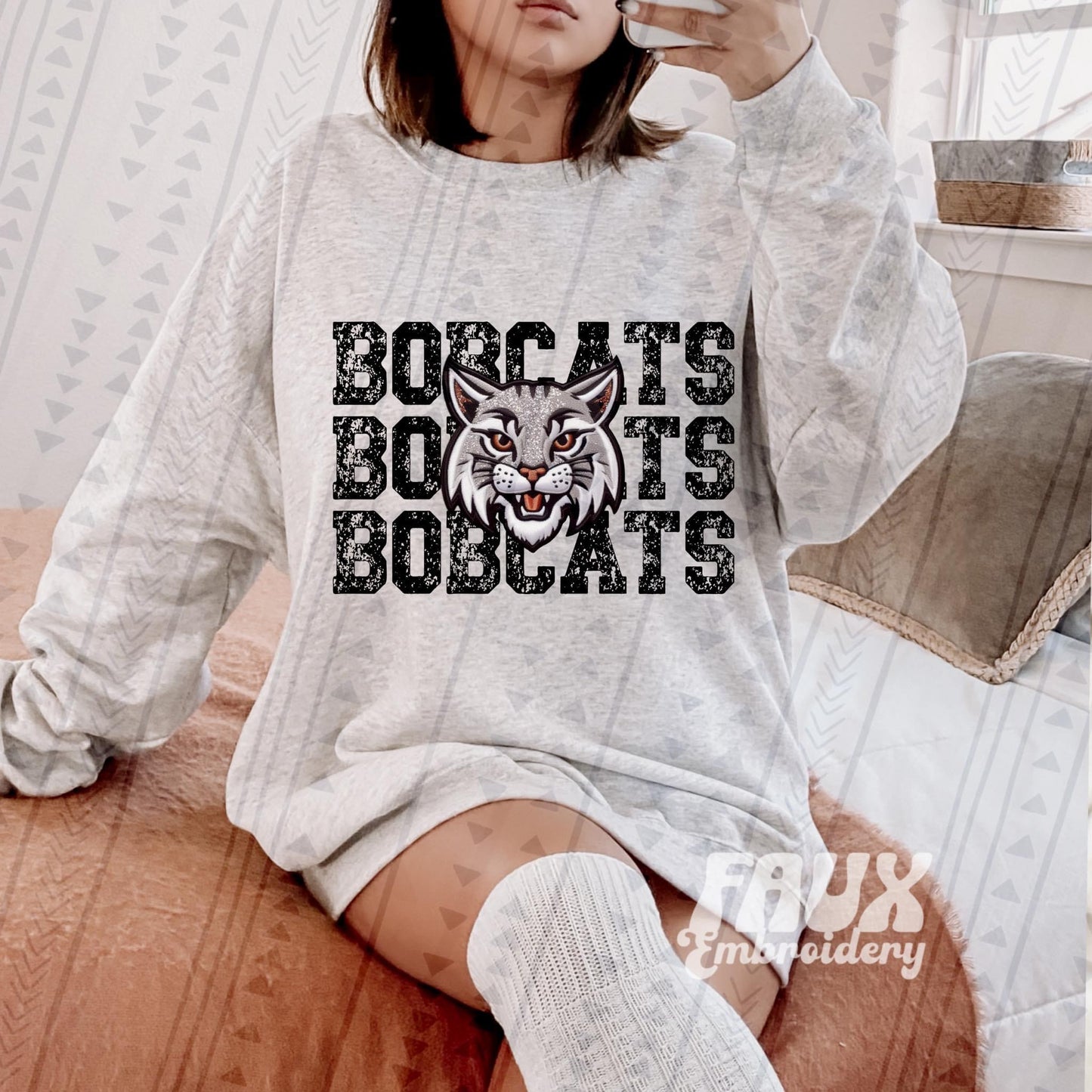 Bobcats Mascot Faux Embroidery DTF Transfer