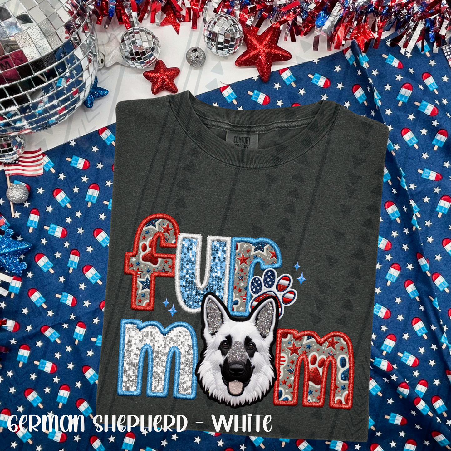 Patriotic Fur Mom - German Shepherd (White) DTF Transfer