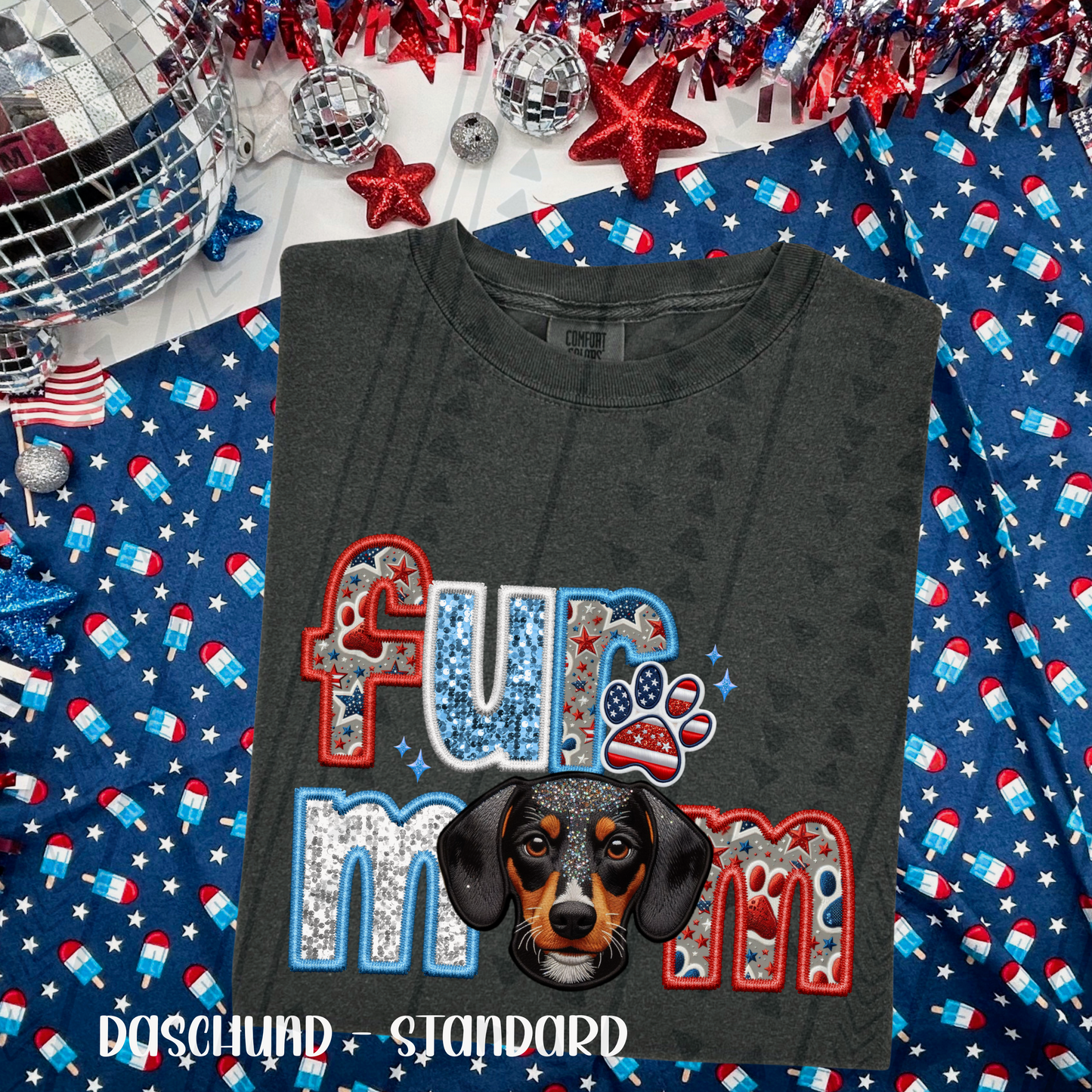 Patriotic Fur Mom - Daschund (Black/Brown) DTF Transfer