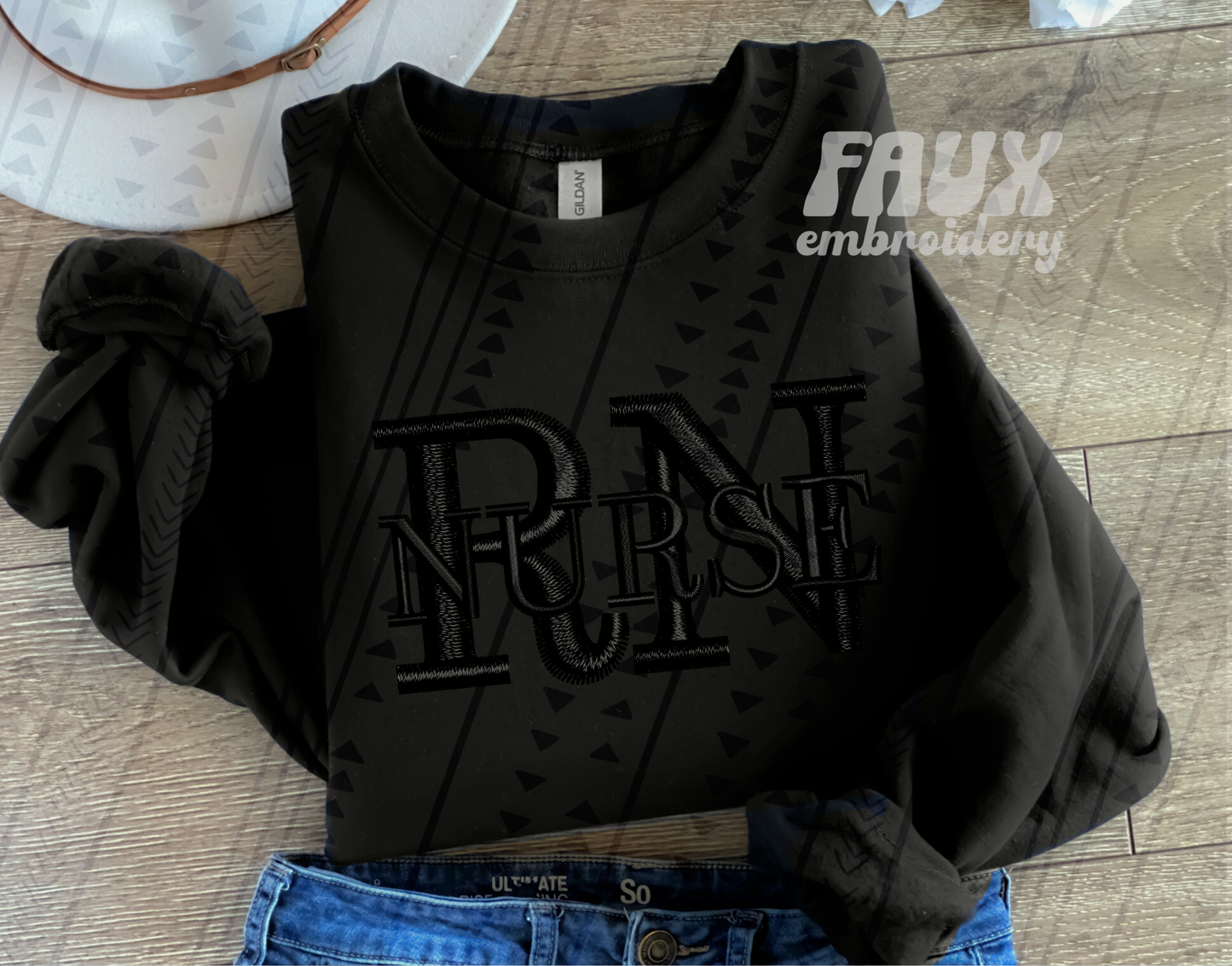 Nurse RN - Black Faux Embroidery DTF Transfer