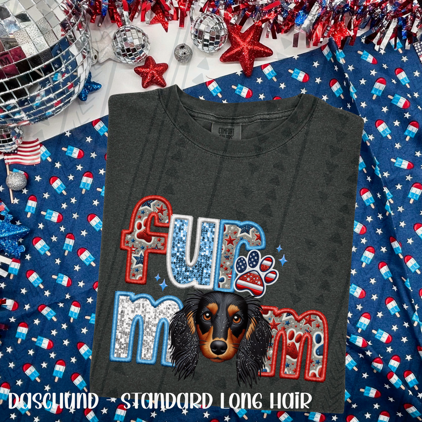 Patriotic Fur Mom - Long-Haired Daschund (Black/Brown) DTF Transfer