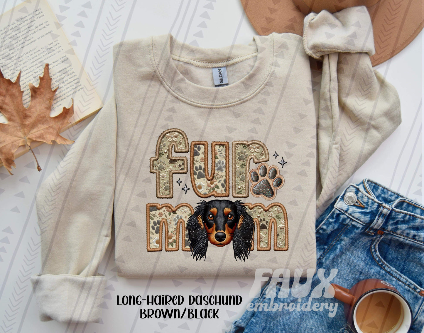 Fur Mom - Long-Haired Daschund (Black/Brown) DTF Transfer