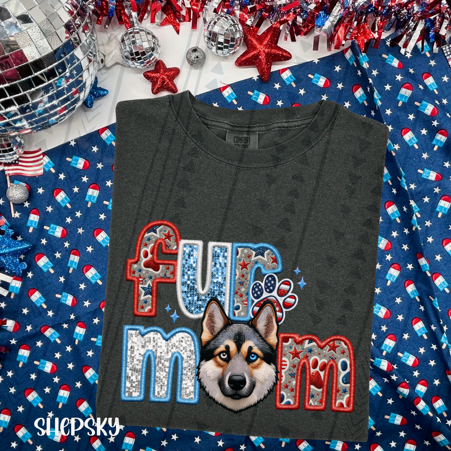 Patrioic Fur Mom -  Shepsky (Two Color Eyes) DTF Transfer