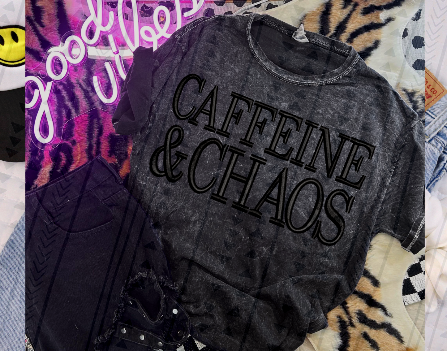 Caffeine & Chaos - Black Faux Embroidery DTF Transfer