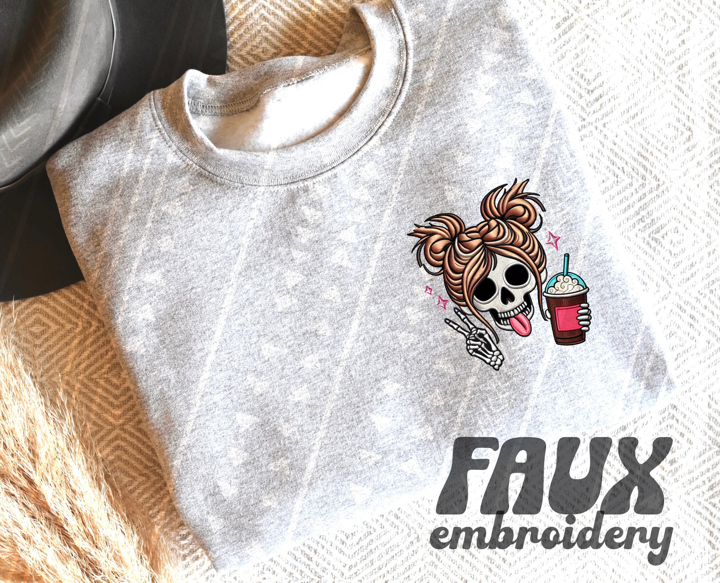 Messy Buns Coffee Skull - Faux Embroidery DTF Transfer